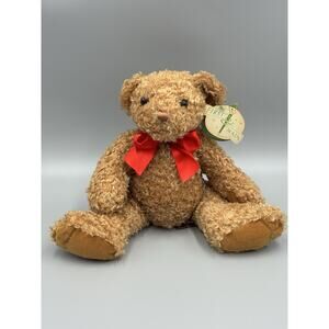 First & Main Tucker Brown Teddy Bear Sitting Plush 10” With Red Ribbon Bow